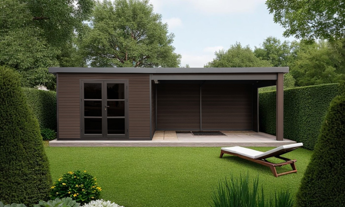 Abri composite Meaudre avec extension à droite - Noyer - 6.88x2.90m, 19.95m2 Abri composite Meaudre avec extension à droite - Noyer - 6.88x2.90m, 19.95m2