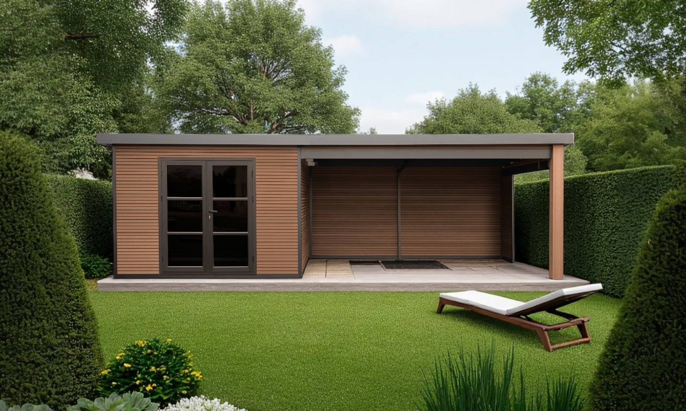 Abri composite Meaudre avec extension à droite - Teck - 6.88x2.90m, 19.95m2 Abri composite Meaudre avec extension à droite - Teck - 6.88x2.90m, 19.95m2