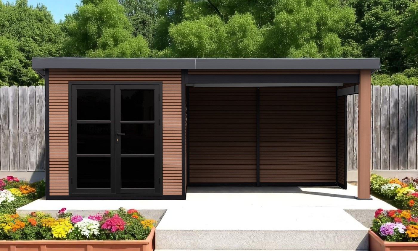 Abri composite Romans avec extension à droite - Teck - 5.185x2.23m, 11.56m2 Abri composite Romans avec extension à droite - Teck - 5.185x2.23m, 11.56m2