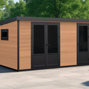Abri de jardin composite 2 pièces Zurich, toit monopente, teinte teck, 4.22x2.9m, 12.24m2
